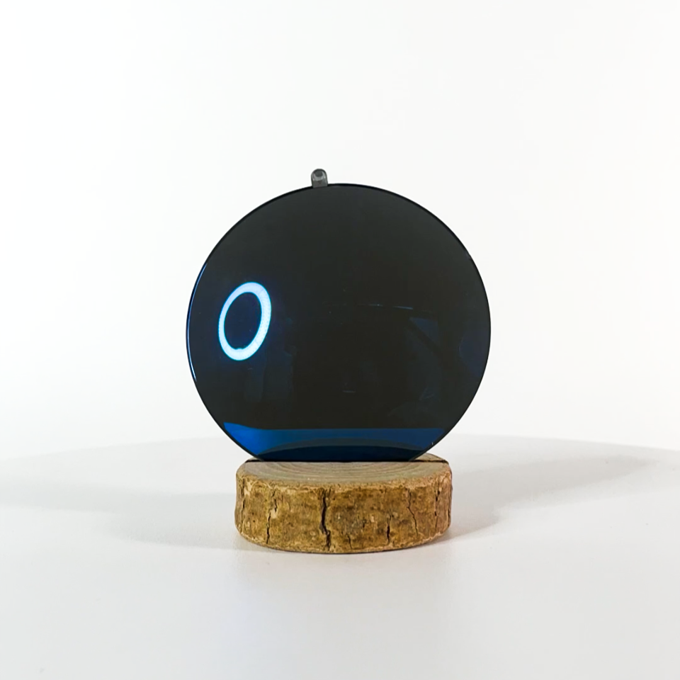 Verre de lunettes de soleil bleu polarisé sur un fond blanc et un socle en bois