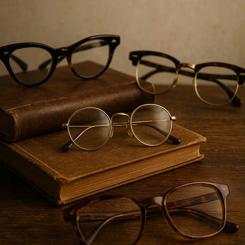 Sélection de lunettes vintages rondes, œil-de-chat et oversize posées sur des livres anciens en bois rétro