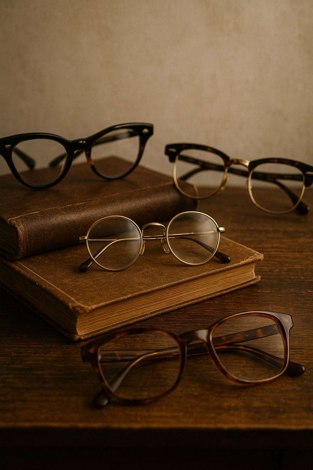 Sélection de lunettes vintages rondes, œil-de-chat et oversize posées sur des livres anciens en bois rétro