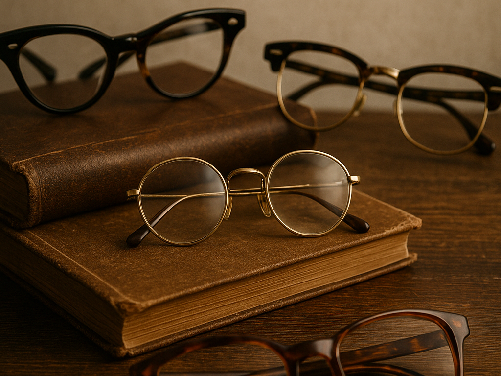Sélection de lunettes vintages rondes, œil-de-chat et oversize posées sur des livres anciens en bois rétro
