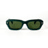 vue de face d’une paire de lunettes Lanvin, forme trapézoïdale rectangulaire, acétate vert marbré et verres teintés verts, fond blanc