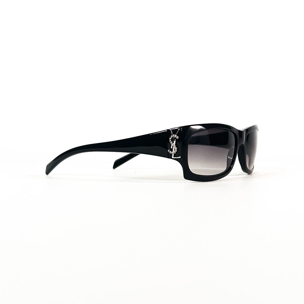 Vue latérale lunettes YSL vintage noires avec logo strassé sur branche
