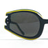 Lunettes de soleil vintage noires et jaunes – gros plan sur le contour du verre et les détails sculptés