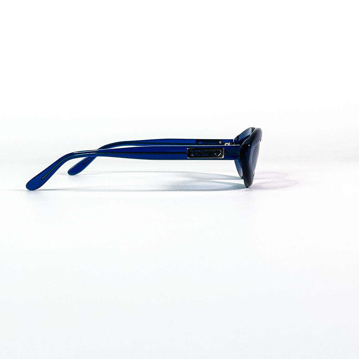Monture Moschino vintage vue de profil, acétate bleu 