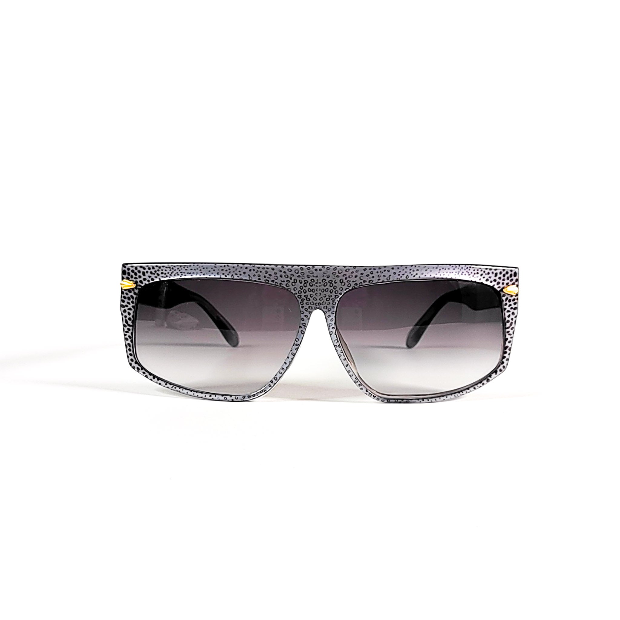 Lunettes de soleil vintage Babil flat-top oversize 80s, acétate moucheté gris noir, vue de face.