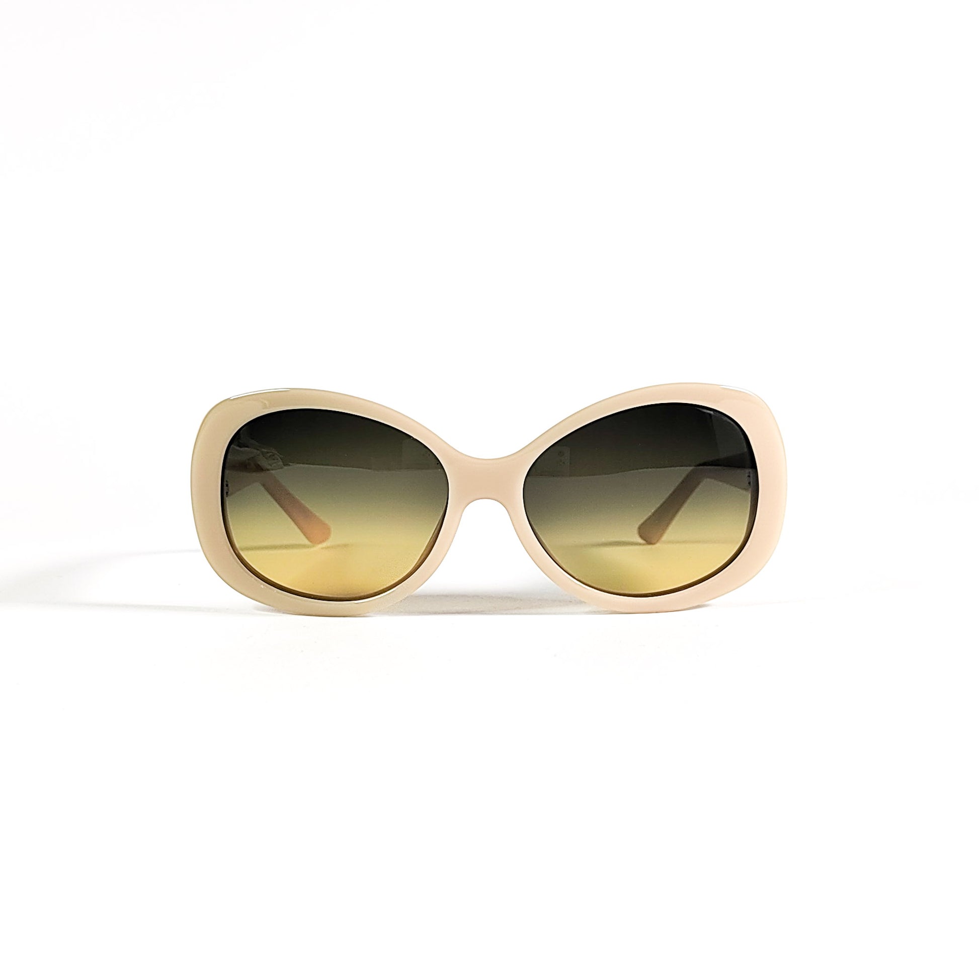 Lunettes de soleil vintage Cartier ovale acétate ivoire crème, vue de face, verres dégradés vert-jaune