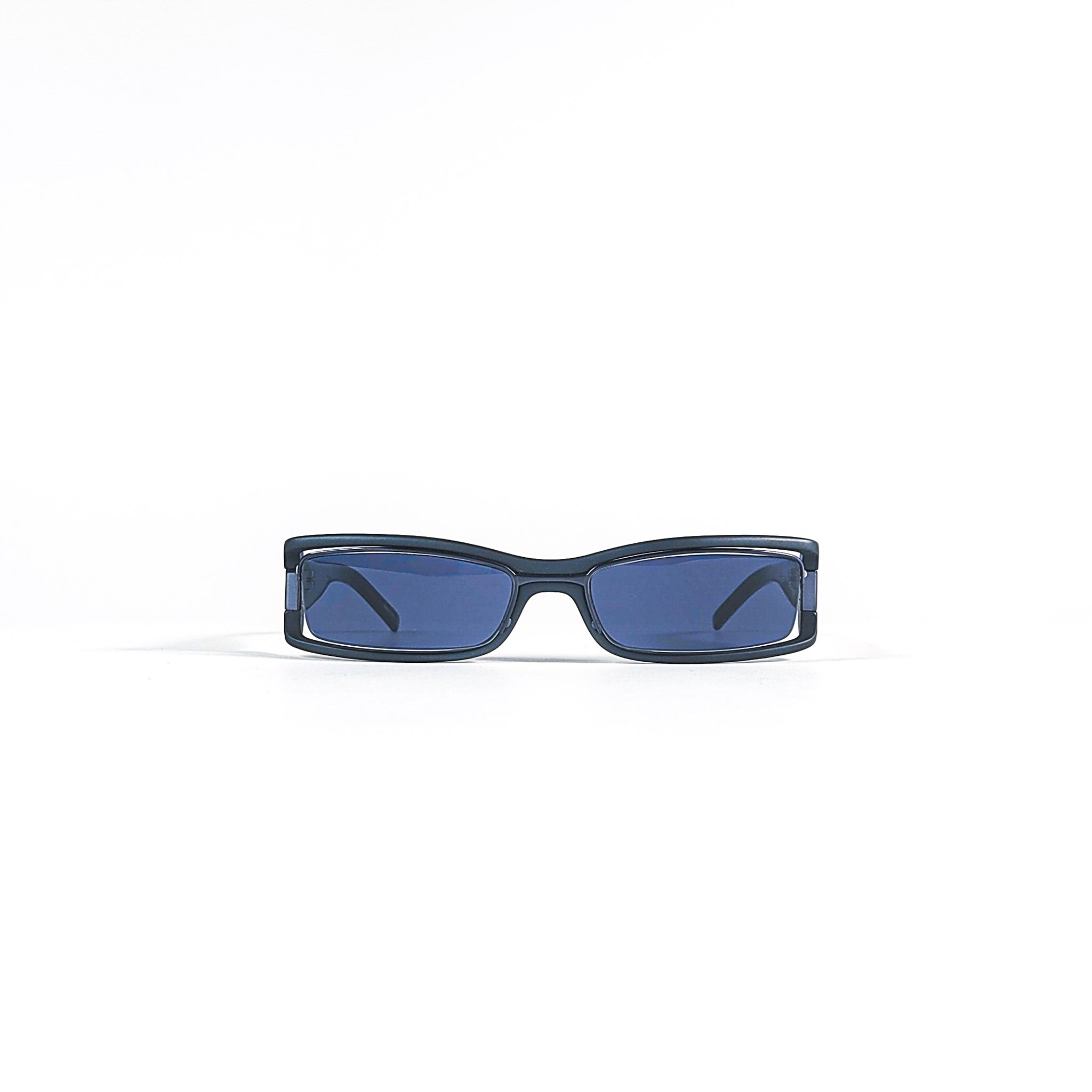 Lunettes de soleil vintage Jean Paul Gaultier VJP536 vue de face, acétate bleu nuit, double cadre rectangulaire